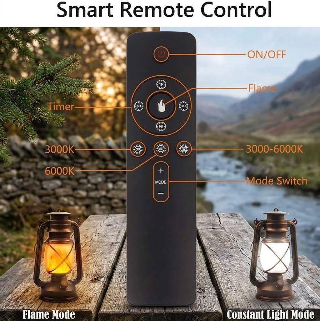 A black smart remote control is shown standing upright on a wooden table outdoors, with overlaid labels pointing to buttons such as ON/OFF, Timer, Flame, 3000K, 6000K, 3000-6000K, and Mode Switch. Two lit lanterns sit on either side against a scenic mountain-and-river background.