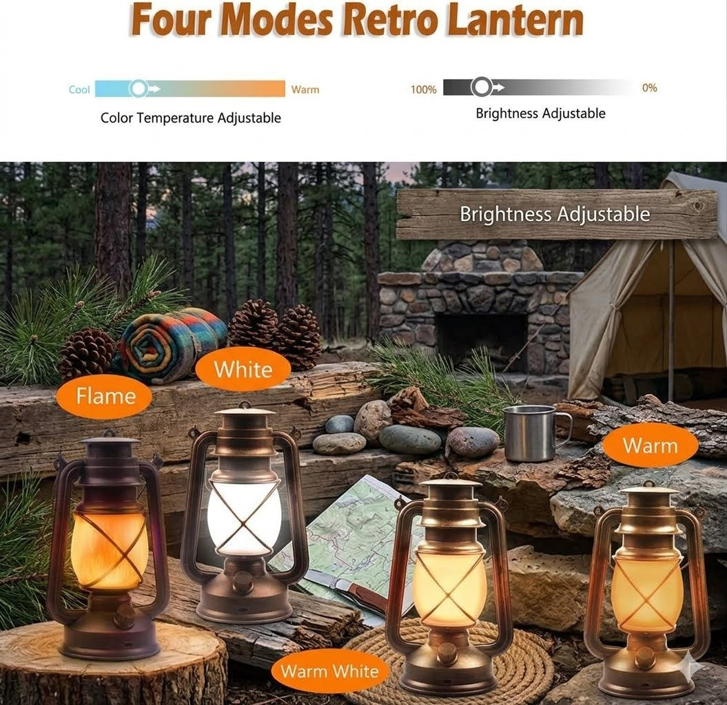 Four lanterns shown outdoors in a campsite setting with a campfire, tent, and forest background. The image includes labels for Flame, White, and Warm light modes and text reading 'Four Modes Retro Lantern' and 'Brightness Adjustable'.