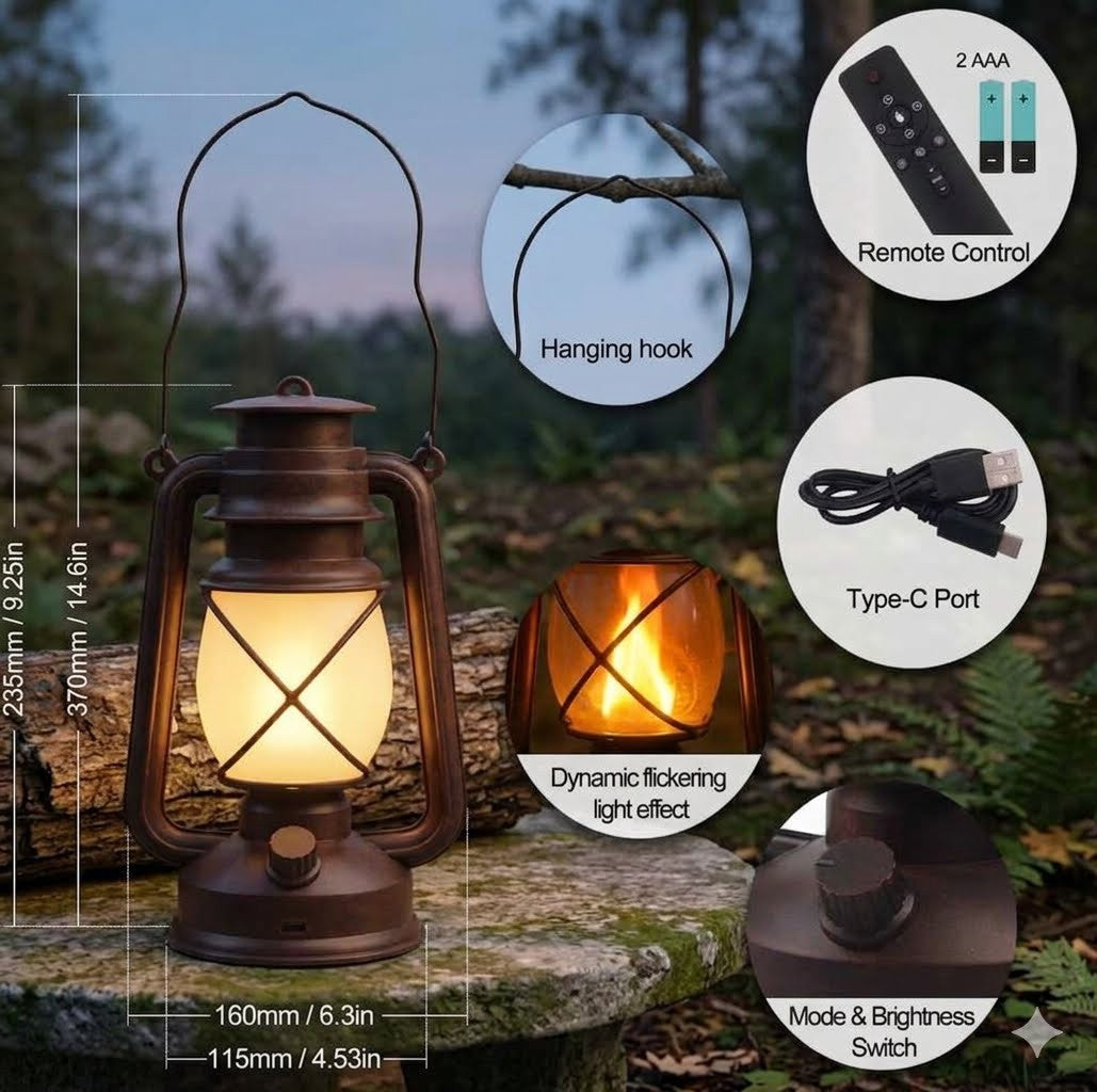 A lantern-style outdoor light with a glowing warm white glass body and dark metal frame, shown on a log in a forest setting. The image includes callout circles and dimension lines showing hanging hook, remote control, Type-C port, and mode/brightness switch details.