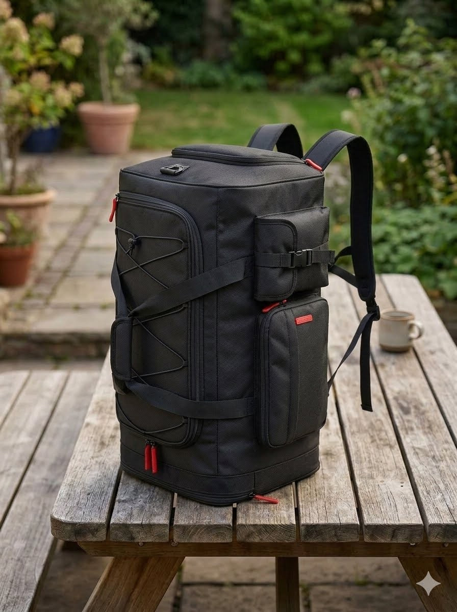 A black camera backpack with red zipper accents sits on a weathered wooden picnic table in an outdoor garden setting. big green bear