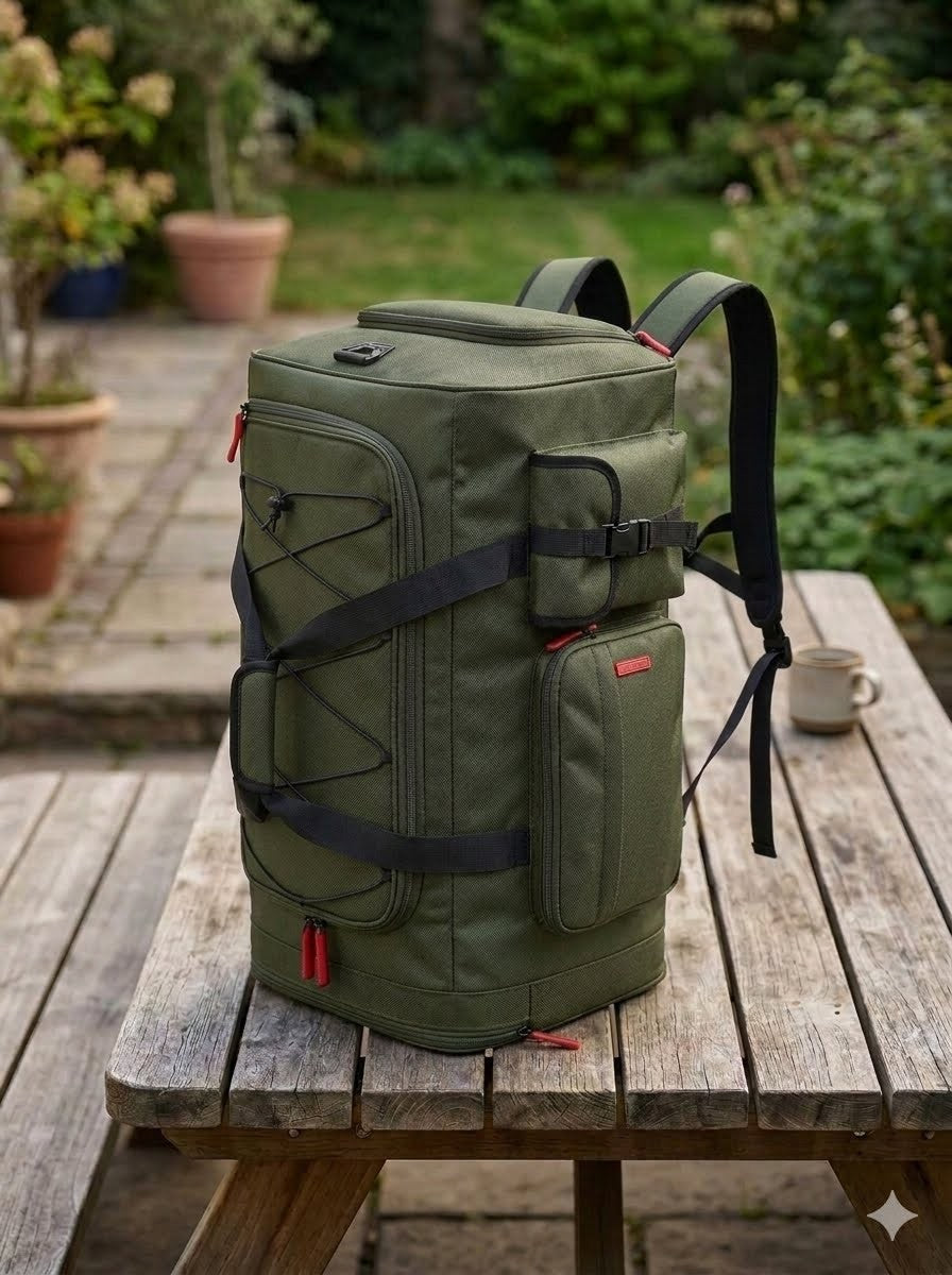 An olive green technical camera backpack with black straps and red accents, sitting on a weathered wooden picnic table in an outdoor garden setting. big green bear