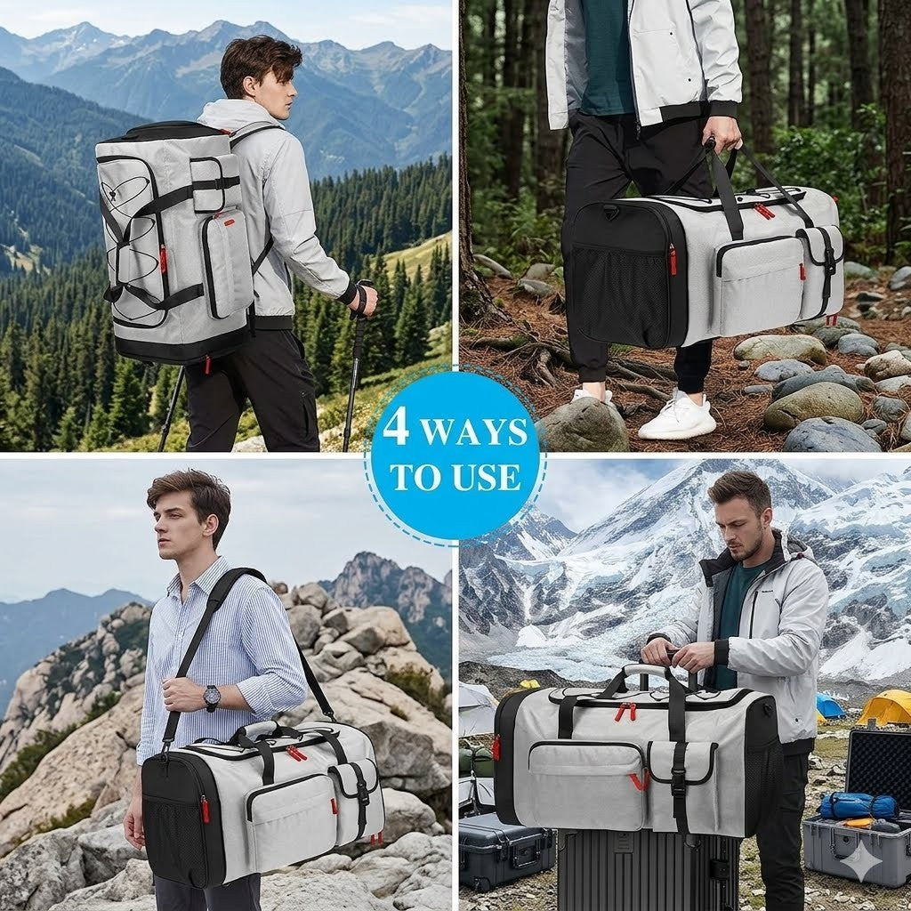 A four-panel collage showing a large gray and black hiking backpack and matching duffel bag being carried in different outdoor settings. The top-left panel shows a man hiking with the backpack on his back in a mountain landscape.