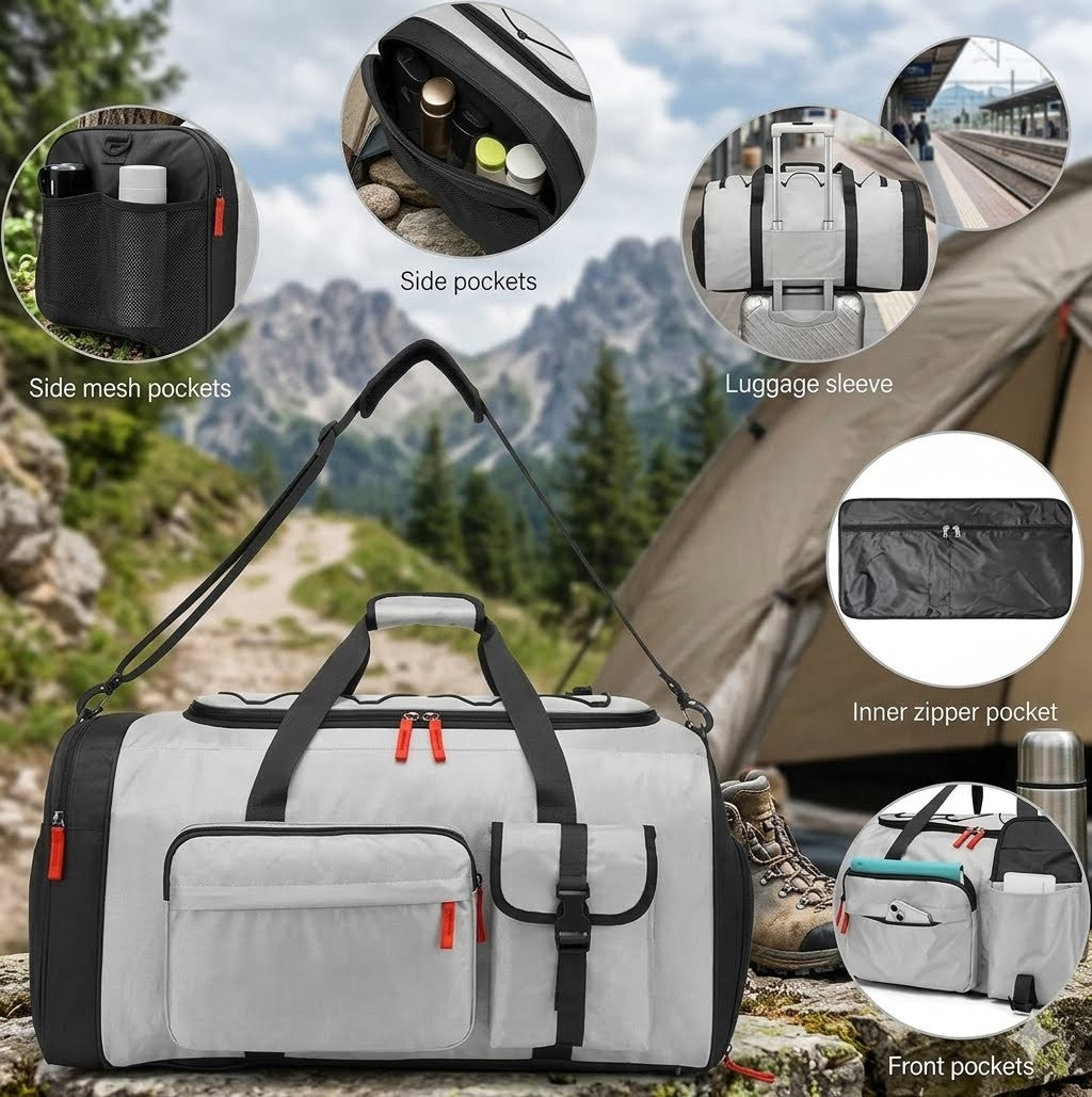 A light gray and black duffel bag with multiple pockets and a shoulder strap, shown in front of a mountain camping scene. Circles around it highlight features such as side mesh pockets, a luggage sleeve, inner zipper pocket, and front pockets.