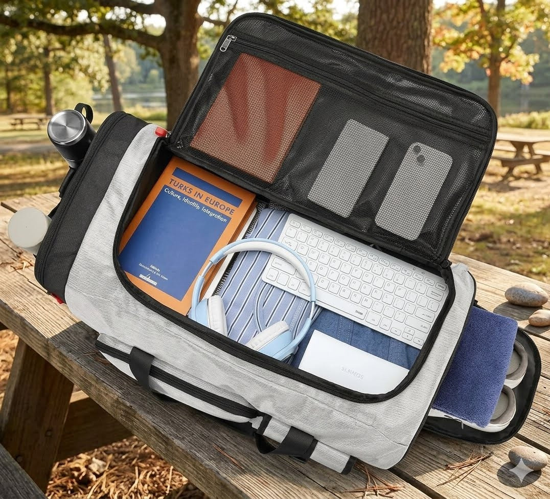 An open light gray and black duffel bag displayed on a wooden picnic table outdoors, filled with a laptop, keyboard, headphones, books, and phone cases.