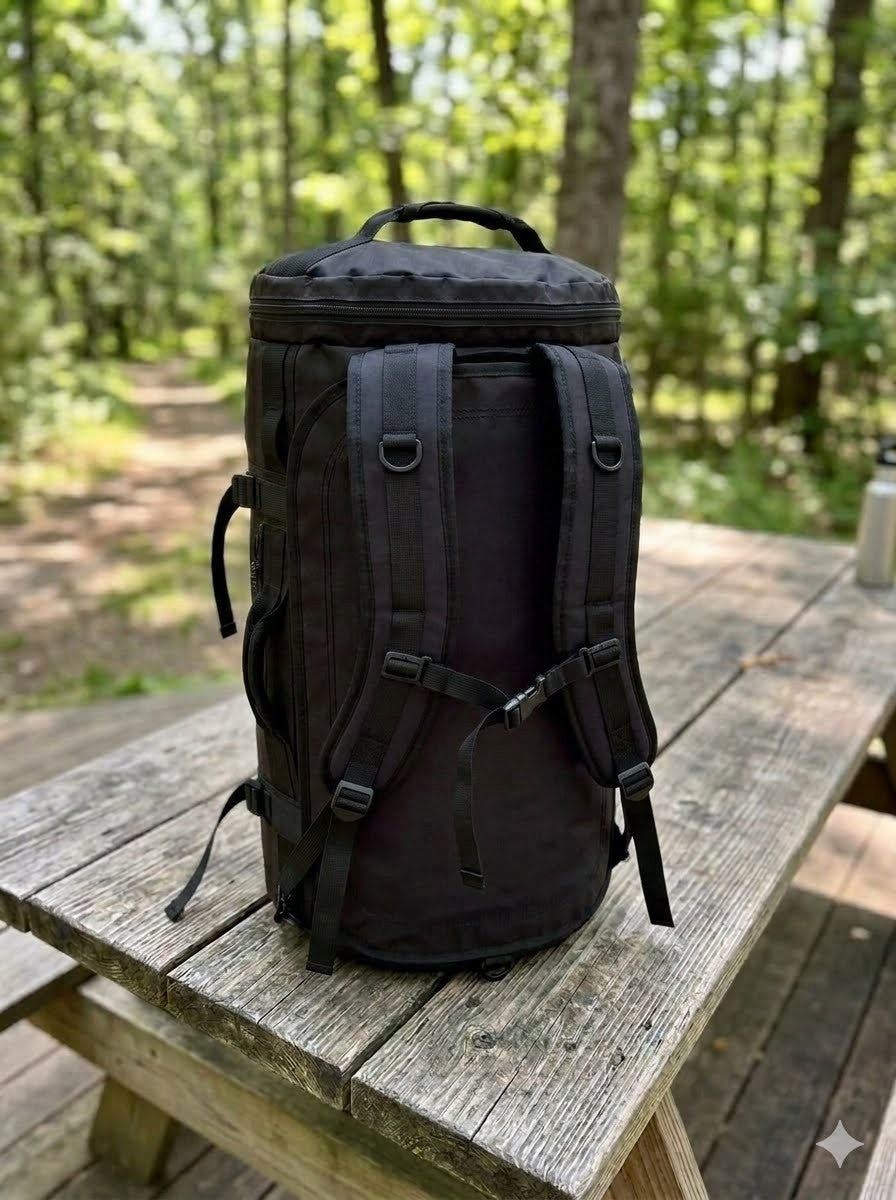 A large black cylindrical backpack or gear bag standing upright on a weathered wooden picnic table in a wooded outdoor setting. big green bear