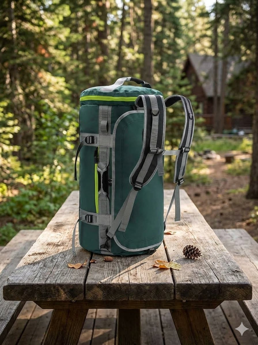 A green technical backpack with gray straps and neon yellow-green reflective accents, standing on a rustic wooden picnic table in a sunlit forest setting. big green bear