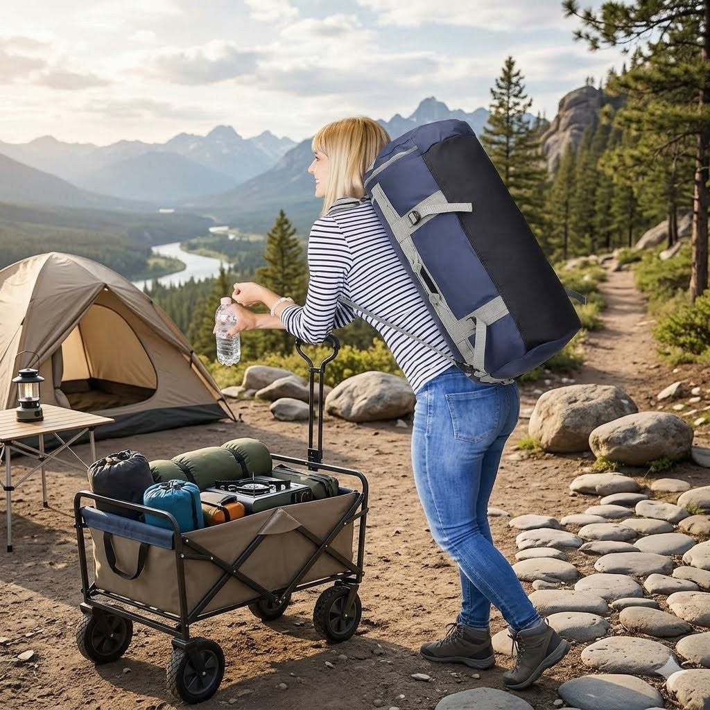 A woman hiking in a mountain campsite, carrying a large blue and black backpack while pushing a beige camping wagon loaded with gear. A tent, river valley, and forest are visible in the background.