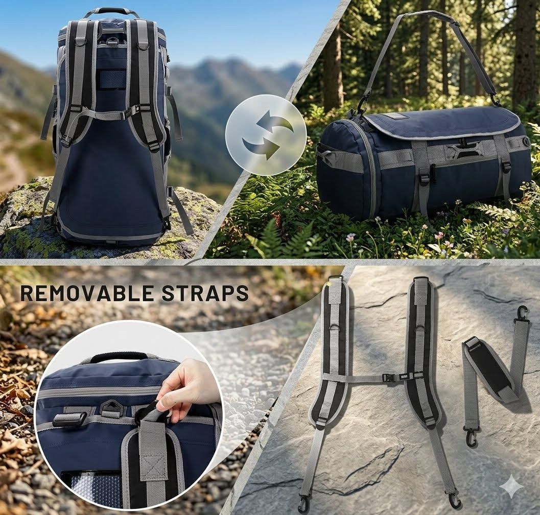A dark navy blue hiking backpack shown in outdoor settings, with a circular inset demonstrating a removable strap and a close-up of the strap attachment. The collage includes a front view of the backpack, a side view of a matching duffel bag, and the detached straps laid out on a stone surface.