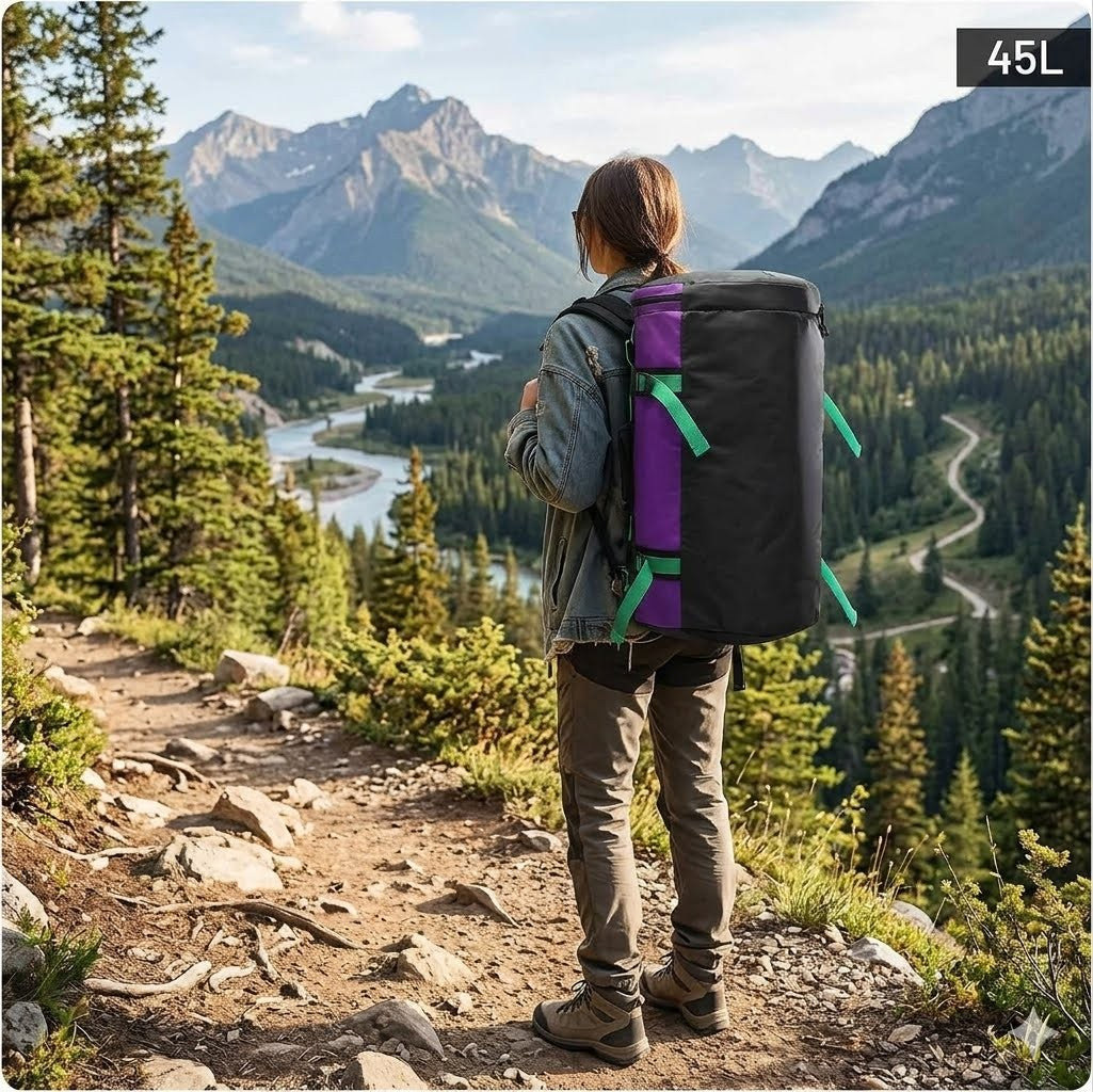 A person standing on a mountain trail overlooking a river valley, wearing a large black backpack with a prominent purple side panel and bright green straps. The scene is outdoors in a natural mountain environment, and a small '45L' label appears in the top-right corner.