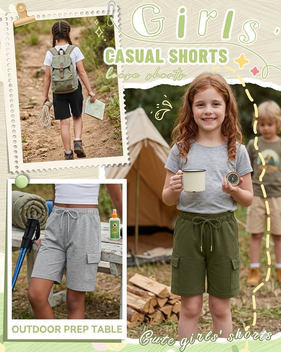 A promotional collage for girls' casual outdoor shorts, featuring a young girl in a gray t-shirt and olive green cargo shorts holding a mug in front of a tent, with two smaller inset photos showing the shorts from the back and on an outdoor prep table.
