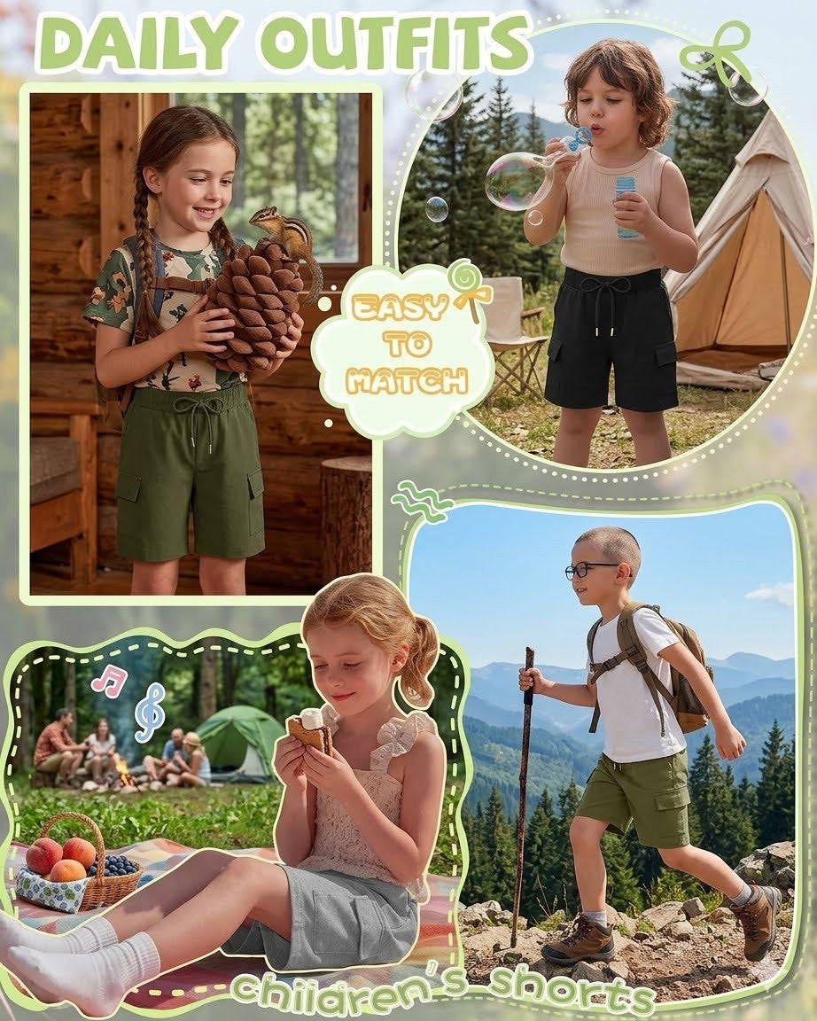 A children's clothing promotional collage with the text 'DAILY OUTFITS' and 'children's shorts.' It shows three children modeling matching shorts and tops in different outdoor and indoor settings: a girl holding pinecones in a cabin, a boy blowing bubbles near a tent, and a boy hiking with a backpack and trekking pole in a mountain landscape.