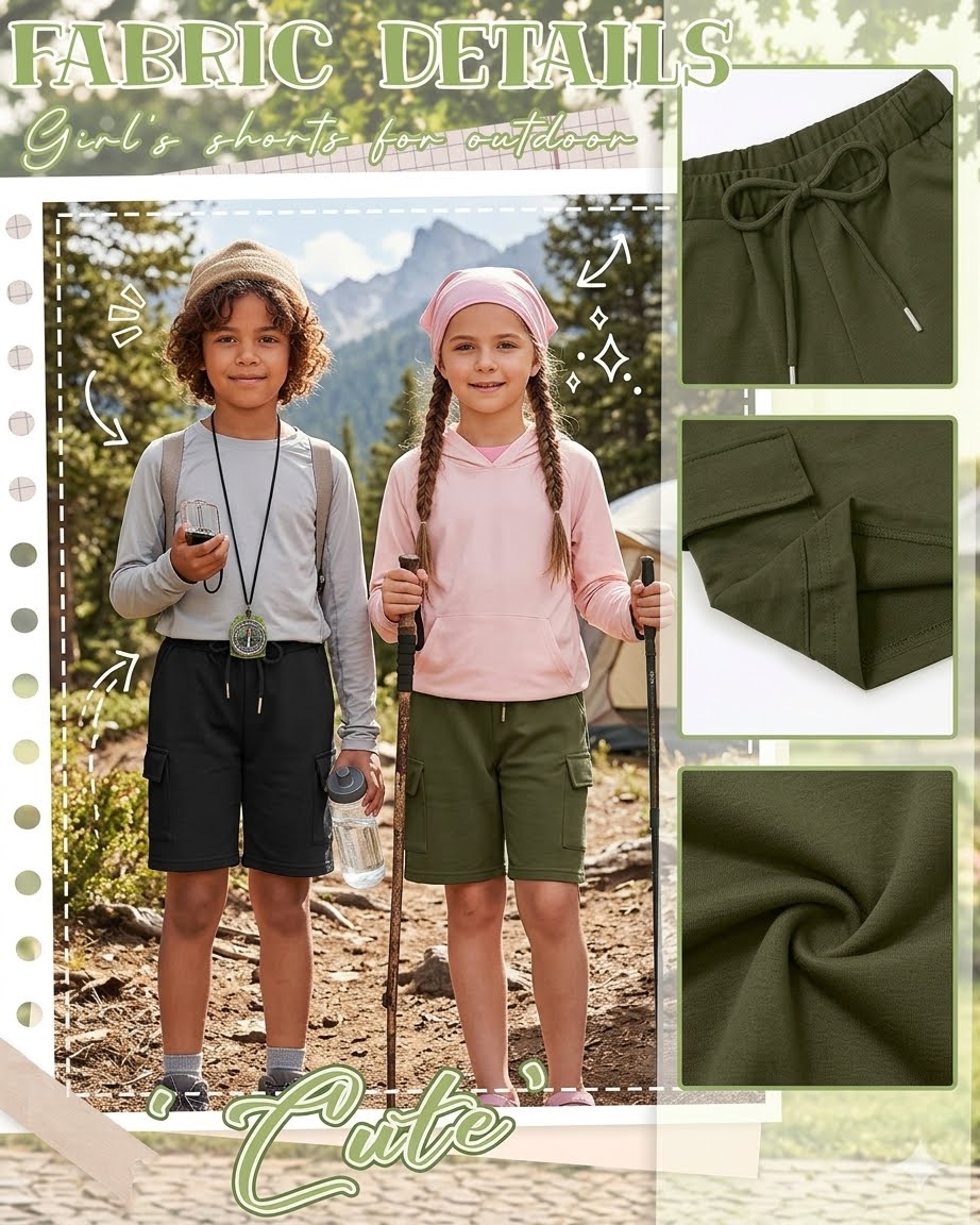 A collage-style product detail graphic for outdoor girls' shorts. The main panel shows two children outdoors wearing dark olive green shorts, with inset close-up panels on the right showing the drawstring waist, pocket seam, and fabric texture.