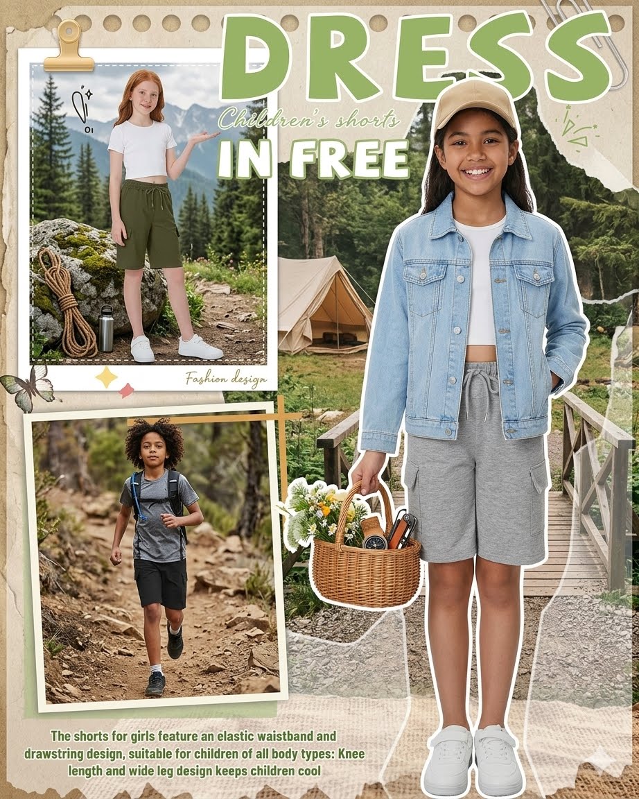A promotional collage for children's shorts featuring a young girl modeling light blue denim shorts with a drawstring waistband and knee-length design, paired with a white top, light blue denim jacket, and white sneakers. The collage includes outdoor lifestyle photos, a canvas tent, a basket of flowers, and large text reading 'DRESS Children's shorts IN FREE'.