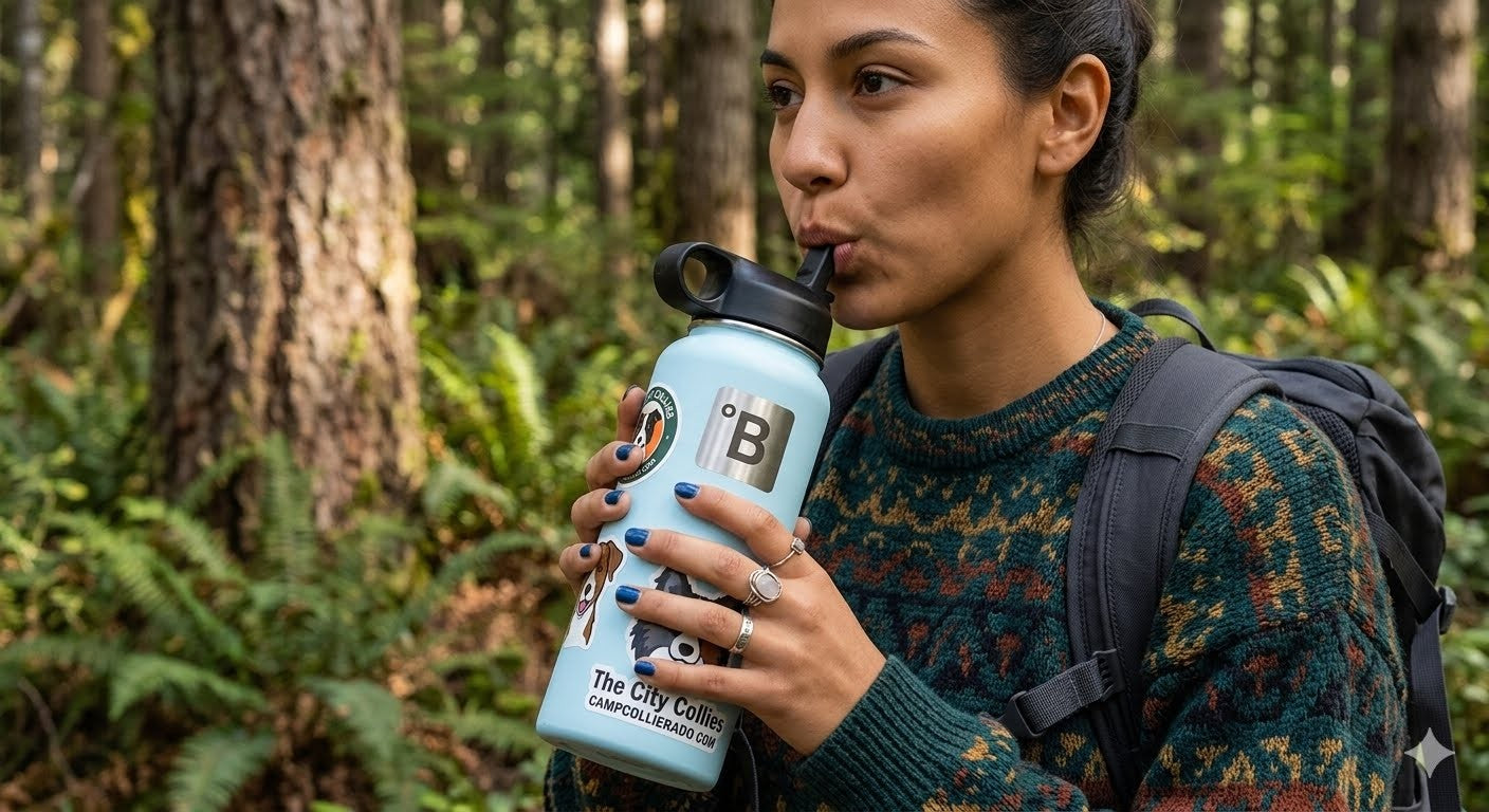 A woman wearing a patterned knit sweater and a black backpack drinks from a light blue water bottle labeled 'The City Coffee' in a forest setting.