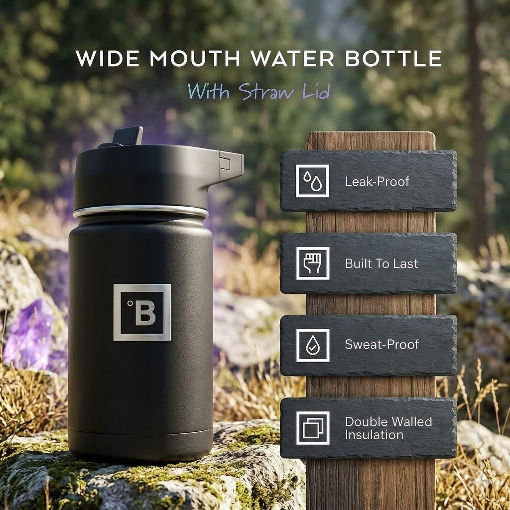 A matte black wide-mouth water bottle with a straw lid sits on a mossy rock outdoors, next to a wooden signpost listing product features like leak-proof, built to last, sweat-proof, and double-walled insulation. Text at the top reads 'WIDE MOUTH WATER BOTTLE With Straw Lid'.