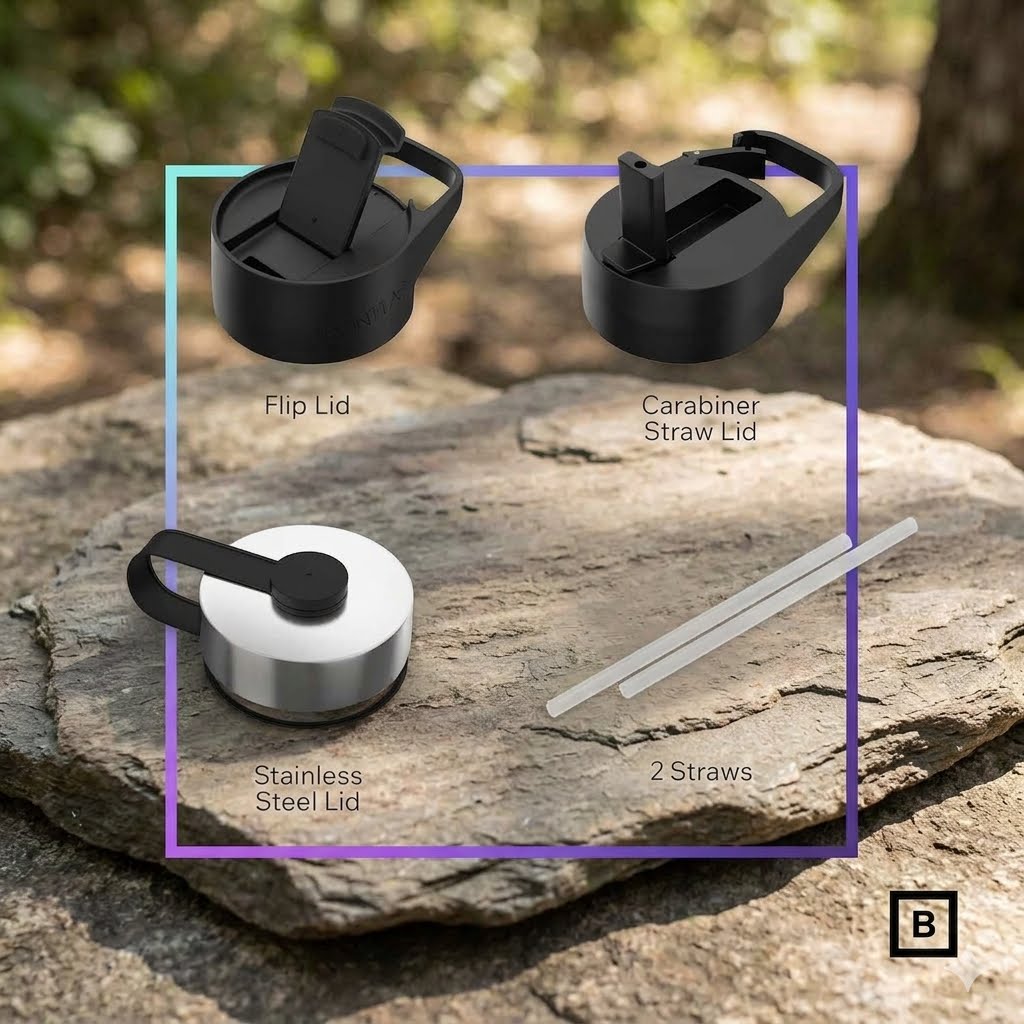 Outdoor product shot showing a reusable tumbler lid set on a rock with labeled components: Flip Lid, Carabiner Straw Lid, Stainless Steel Lid, and 2 Straws. The scene is a natural wooded setting, so this is Lifestyle rather than Product/Packaging.