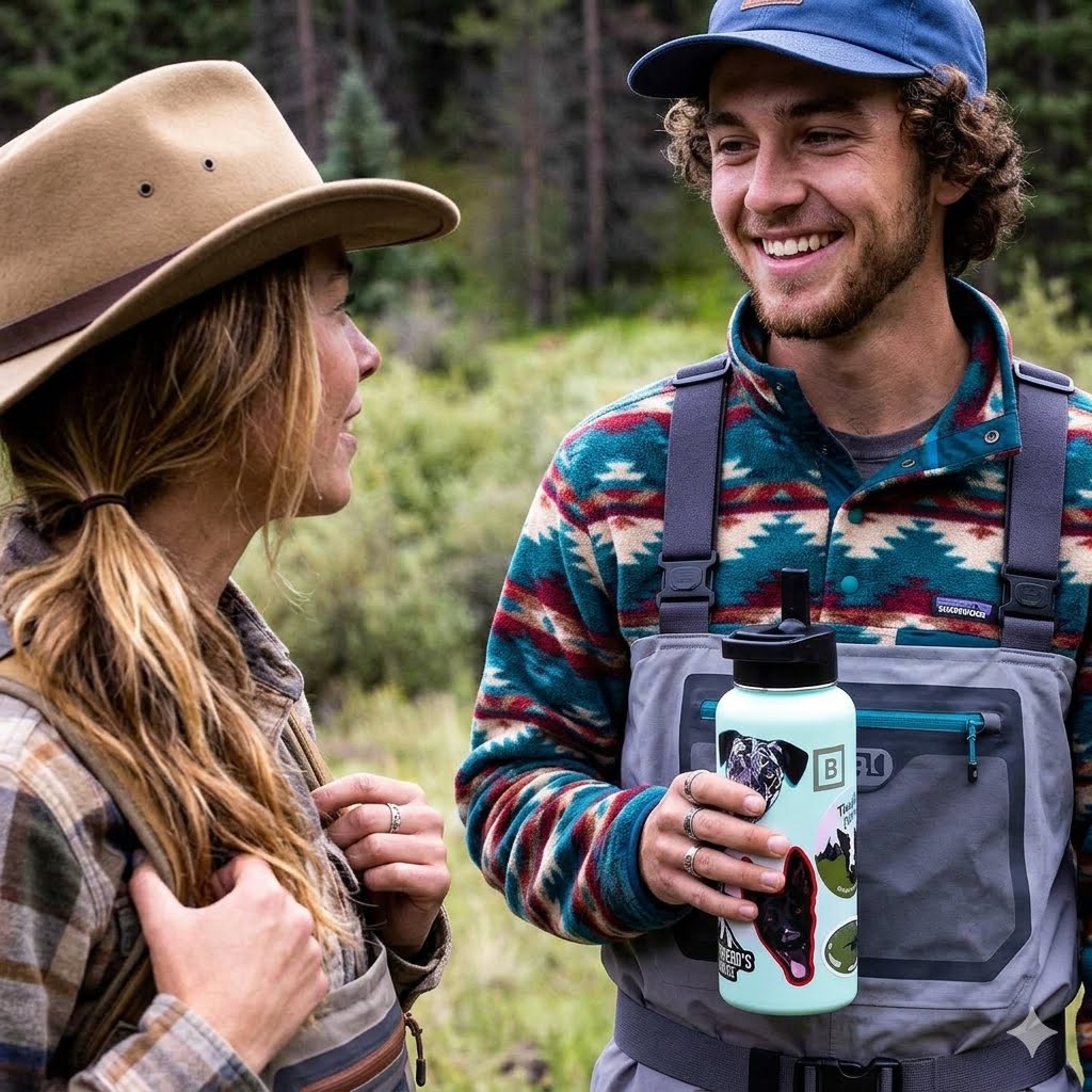 A man and a woman outdoors in a forest setting, both wearing Patagonia gear. The man is smiling and holding a mint green water bottle with a black dog illustration, while the woman wears a tan wide-brim hat and a patterned fleece.