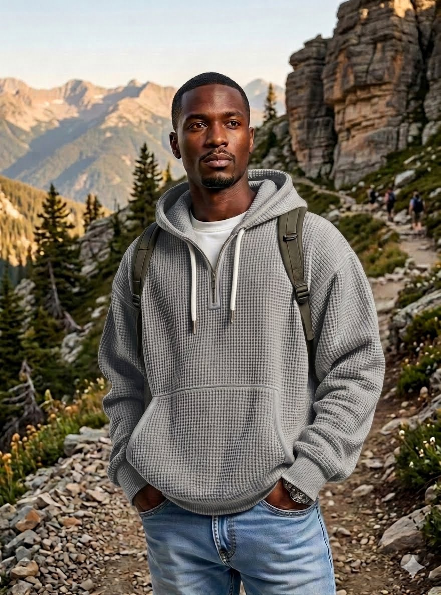 A man wearing a gray waffle-knit pullover hoodie with white drawstrings, a white t-shirt underneath, and light blue jeans, standing on a mountain trail with a backpack. big green bear