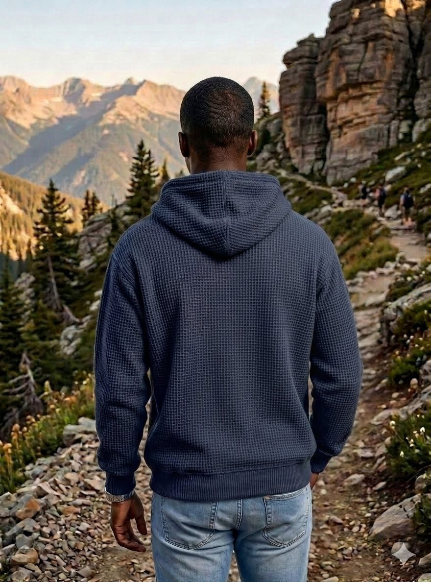 A man viewed from behind wearing a navy blue waffle-knit hoodie and light blue jeans, standing on a mountain hiking trail with rocky cliffs and pine trees in the background.