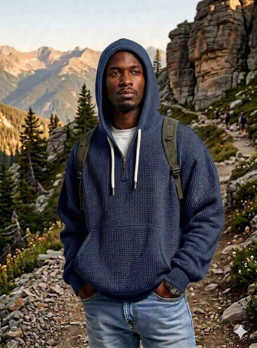 A man wearing a navy blue textured waffle-knit hoodie with white drawstrings, standing on a mountain hiking trail with a backpack and jeans.