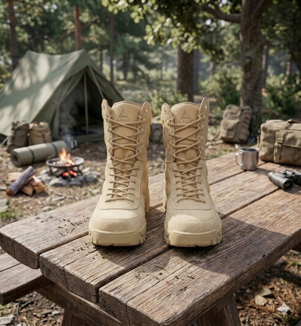 A pair of tan tactical combat boots displayed on a rustic wooden picnic table in a forest campsite setting, with a tent, fire pit, and camping gear visible in the background.