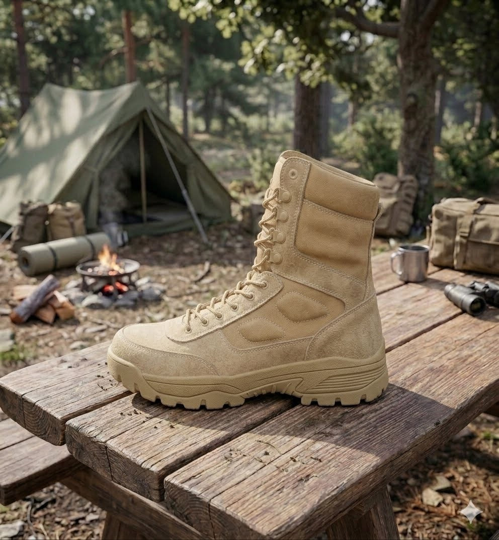 A tan tactical combat boot is displayed on a rustic wooden picnic table in a forest campsite setting, with a green tent, campfire, and camping gear in the background.