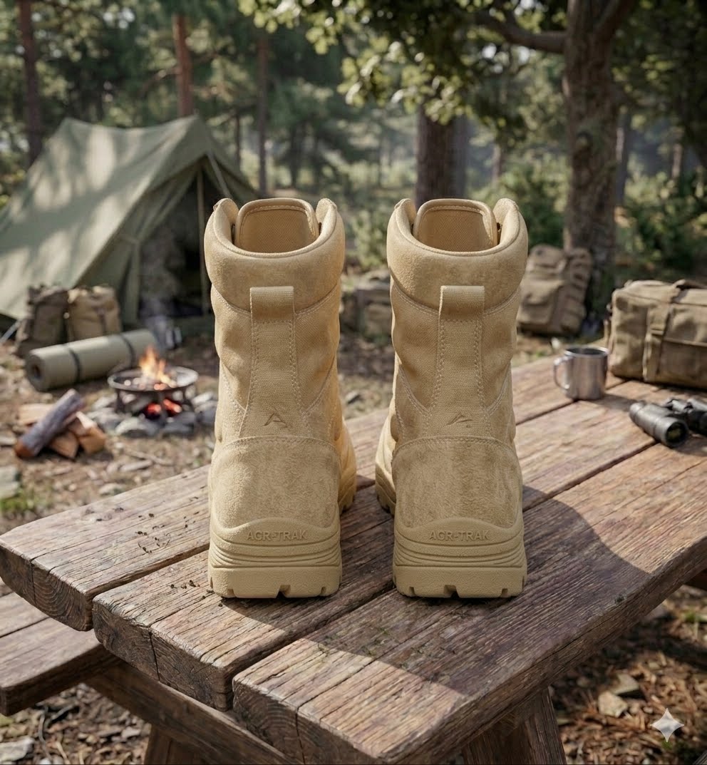 A pair of tan tactical boots displayed on a rustic wooden table in an outdoor campsite setting with a tent, fire pit, and camping gear in the background.