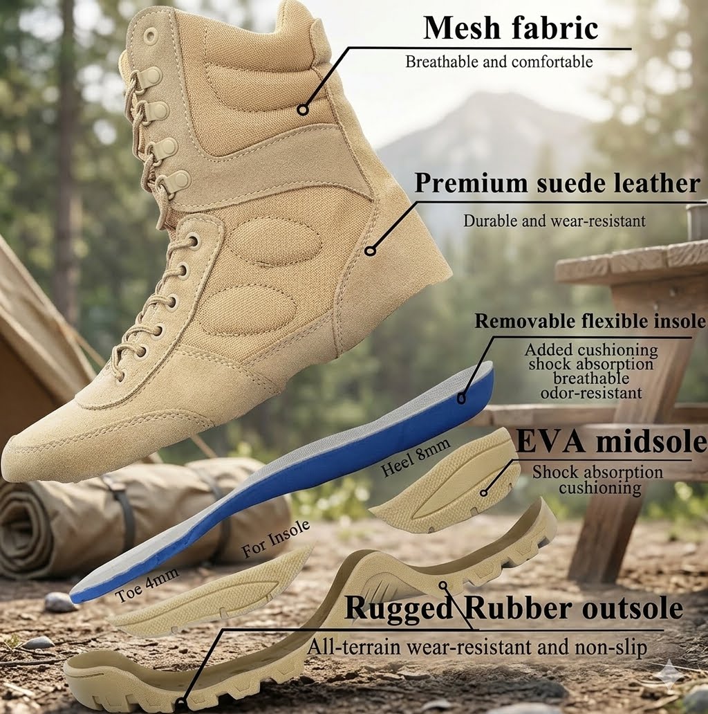 A beige tactical-style boot shown floating over a forest and campsite background, with callout labels pointing to features such as mesh fabric, premium suede leather, removable flexible insole, EVA midsole, heel cushioning, toe room, and rugged rubber outsole.