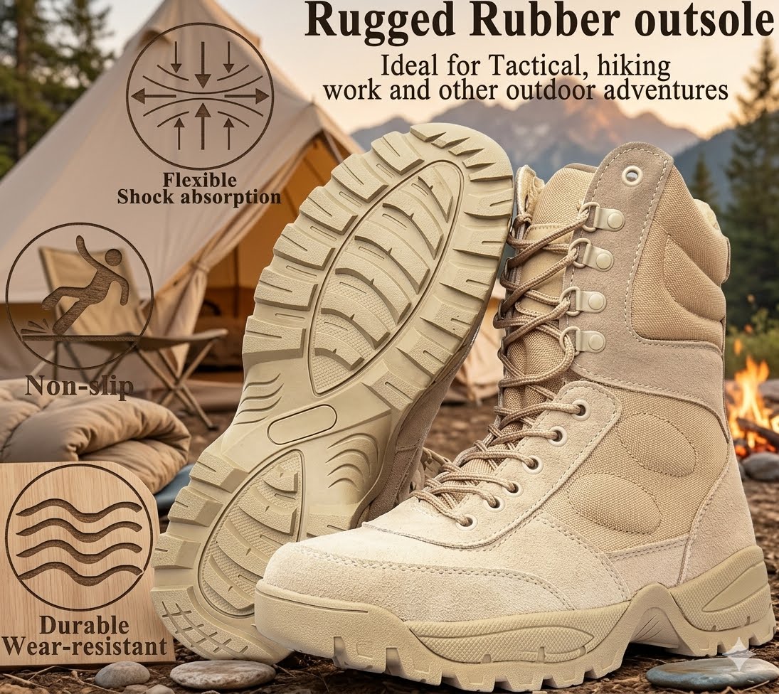 A pair of beige tactical combat boots with a rugged rubber outsole, shown in a camping outdoor setting with text overlays highlighting features like flexible shock absorption, non-slip grip, and durable wear resistance.