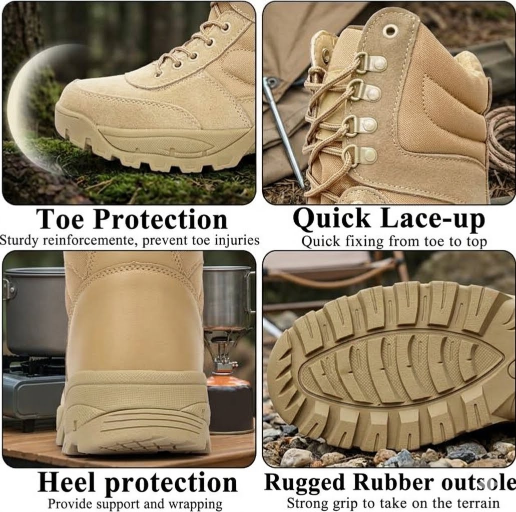 A four-panel feature comparison graphic for a tan tactical combat boot. The panels show close-ups of the toe, lace-up mechanism, heel, and outsole with text labels: 'Toe Protection,' 'Quick Lace-up,' 'Heel protection,' and 'Rugged Rubber outsole.