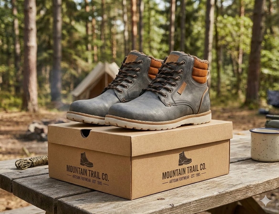 A pair of gray leather lace-up boots with tan collar lining sits on top of a brown cardboard shoe box branded Mountain Trail Co., placed on a wooden picnic table in a forest setting. big green bear