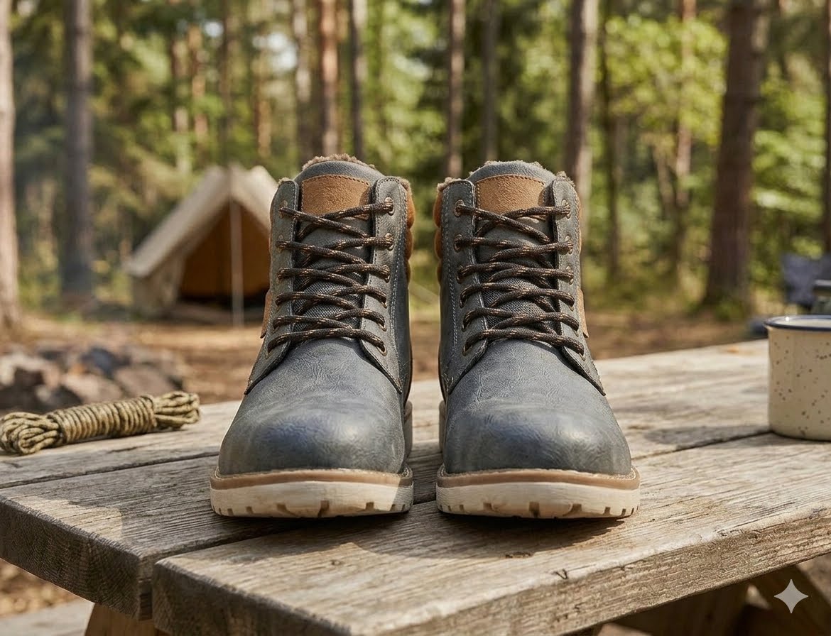 A pair of dark gray leather lace-up hiking boots resting on a rustic wooden picnic table in a forest setting, with a tent and outdoor elements blurred in the background.