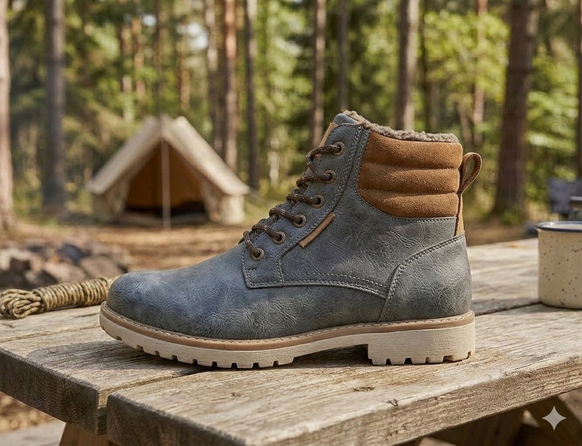 A single lace-up ankle boot in distressed blue-gray suede with a tan collar and off-white sole, resting on a wooden table in a forest setting with a tent blurred in the background.