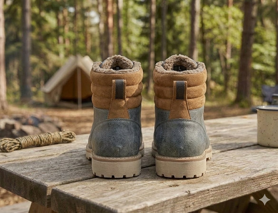 A pair of mid-calf boots with a blue-gray leather lower section, tan quilted collar, and gray heel pull tabs, shown from the back on a rustic wooden table in a forest setting.