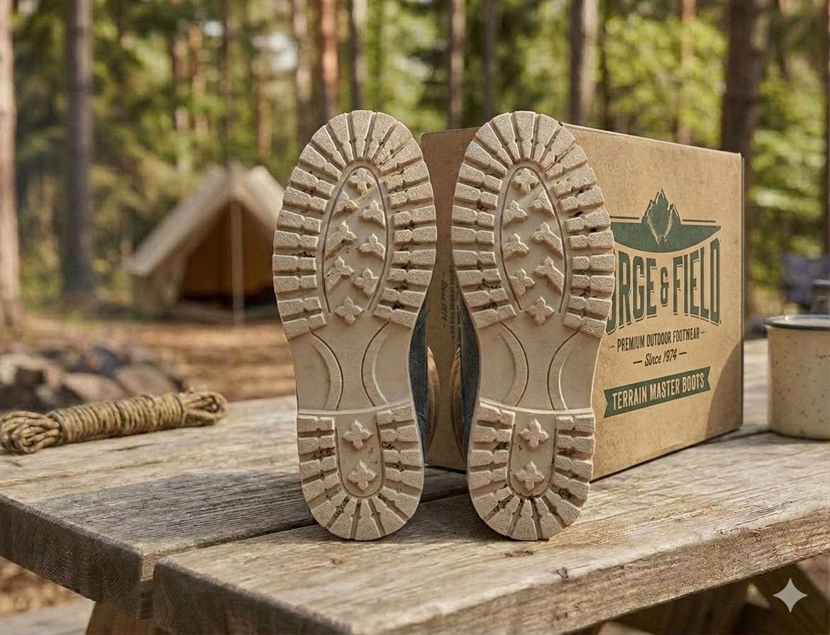 A pair of tan outdoor hiking boots shown from the sole side, standing upright on a rustic wooden table next to their cardboard packaging box in a forest campsite setting.