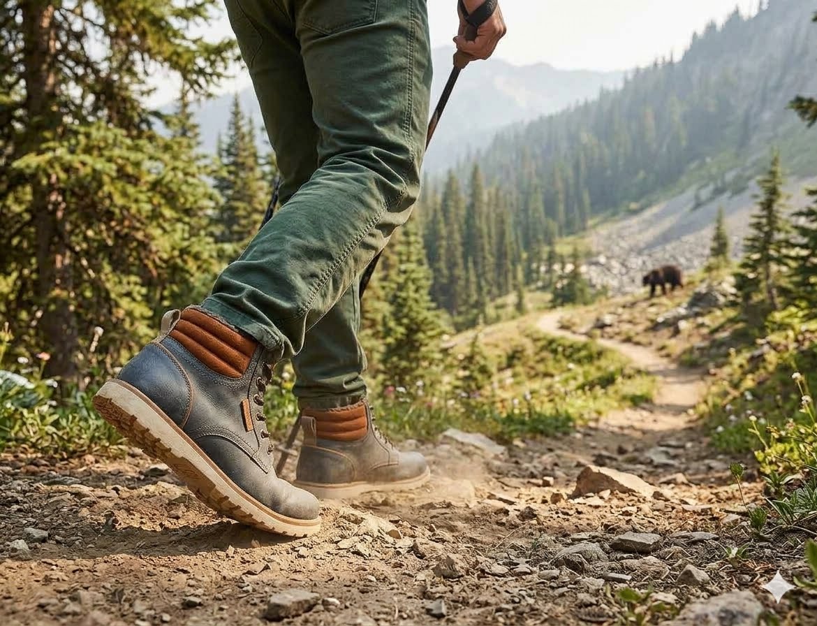 A close-up of a person hiking on a rocky mountain trail, wearing green pants and rugged lace-up boots with brown accents. The background shows a forested mountain slope with a bison in the distance.