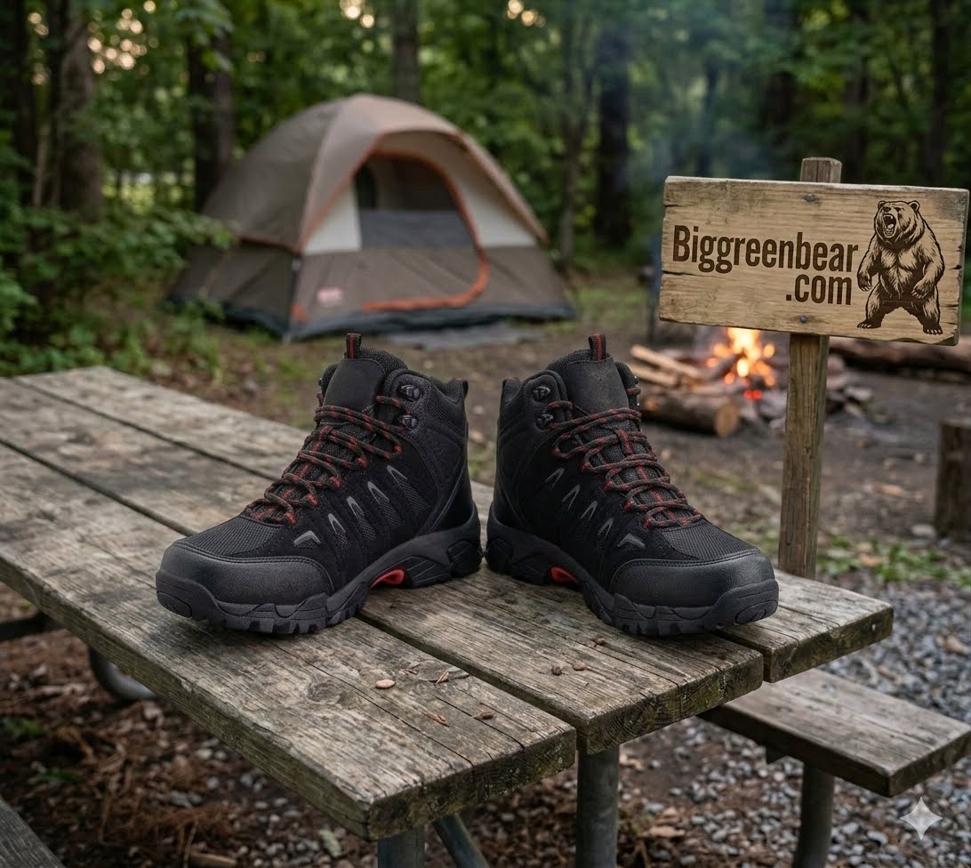 A pair of black outdoor hiking boots with red laces and small red accents, displayed on a rustic wooden picnic table in a campsite setting. A wooden sign reading 'Biggreenbear.