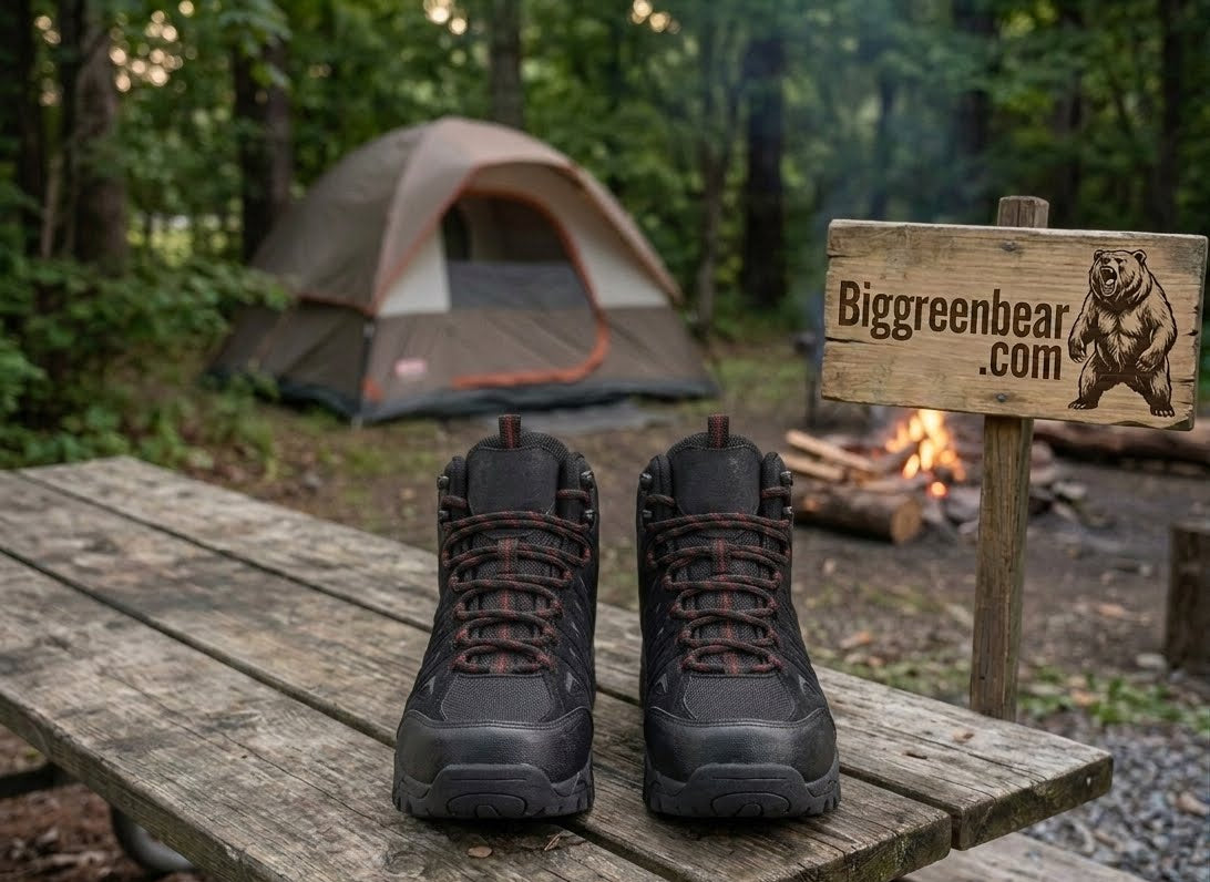 A pair of black hiking boots with brown laces sits on a rustic wooden picnic table at a campsite, with a forest tent, a fire pit, and a wooden sign reading Biggreenbear.com in the background.