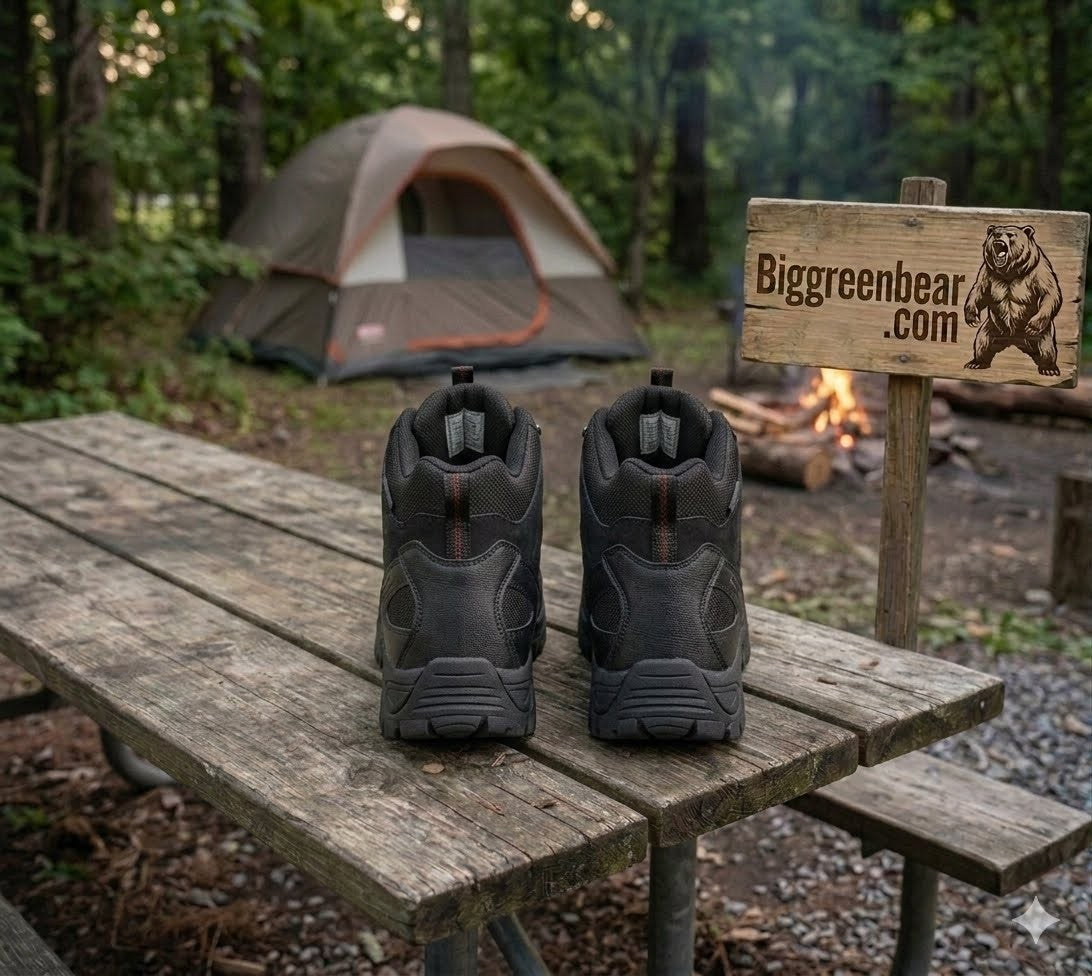 A pair of black outdoor hiking boots displayed on a rustic wooden picnic table, with a forest tent, campfire, and a wooden sign reading 'Biggreenbear.com' in the background.