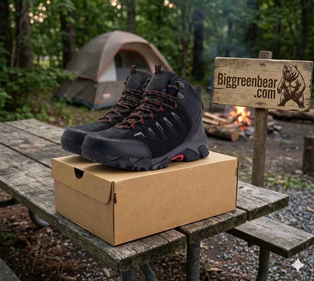 A pair of black mid-cut hiking boots with red laces sits on top of a brown cardboard shoe box on a wooden picnic table in a campsite setting. A wooden sign reading 'Biggreenbear.