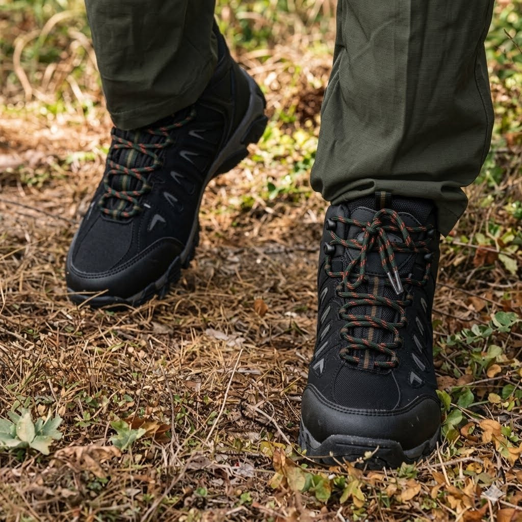 Black hiking boots with brown laces worn with olive green pants on a forest path covered in pine needles and leaves.