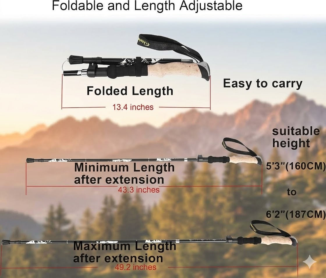 A folding hiking/tactical pole shown with overlaid dimension labels and text describing folded length, minimum length after extension, and maximum length after extension, on a blurred mountain landscape background.