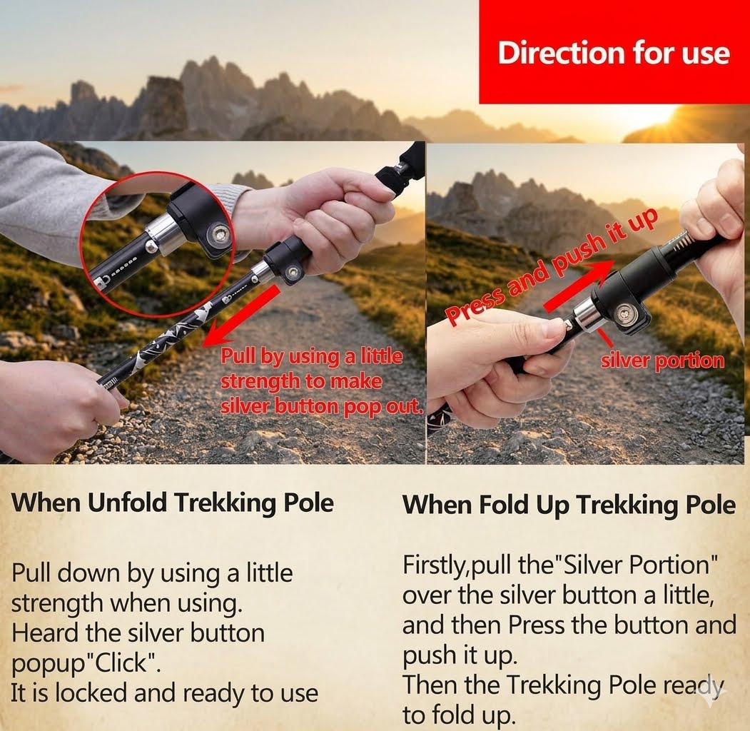 Instruction diagram showing how to unfold and fold a trekking pole, with two side-by-side panels demonstrating the steps using hands and outdoor mountain scenery, with text labels and a red 'Direction for use' banner at the top right.