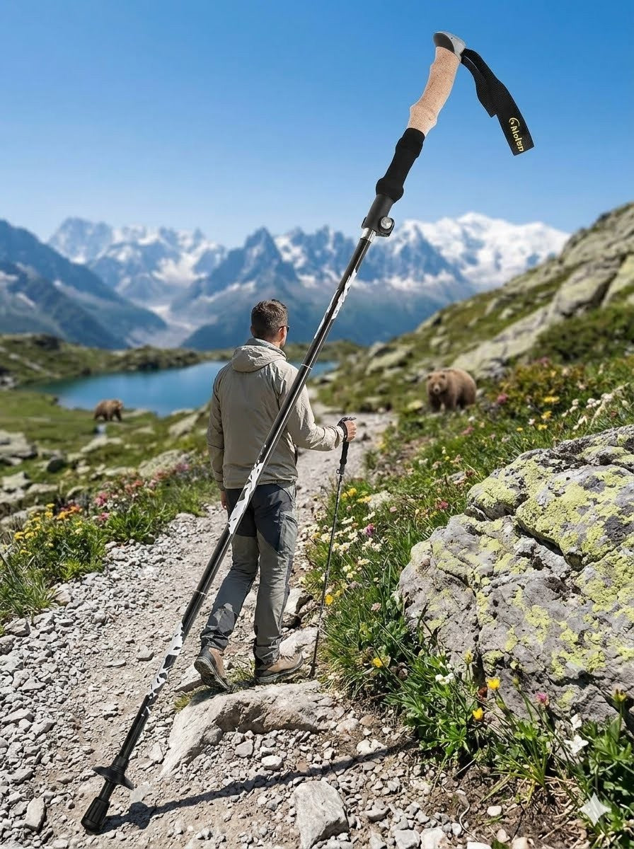 A man hiking on a mountain trail with a long trekking pole extended, with snow-capped peaks, a blue lake, and wildflowers in the background.