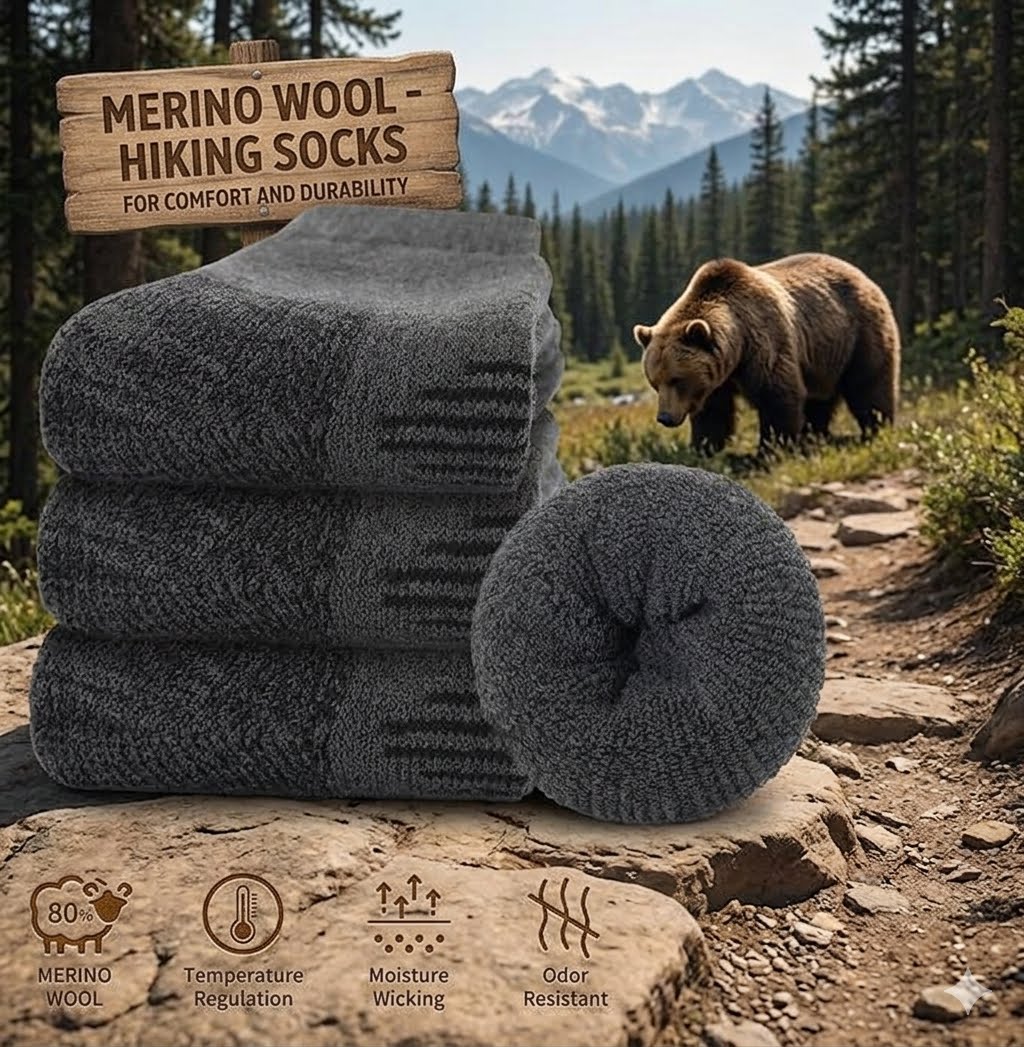 Dark gray merino wool hiking socks stacked on a rock with a rolled sock in front, set against a forest trail background with a bear and mountains. A wooden sign reads 'MERINO WOOL HIKING SOCKS FOR COMFORT AND DURABILITY', and feature icons appear along the bottom. big green bear