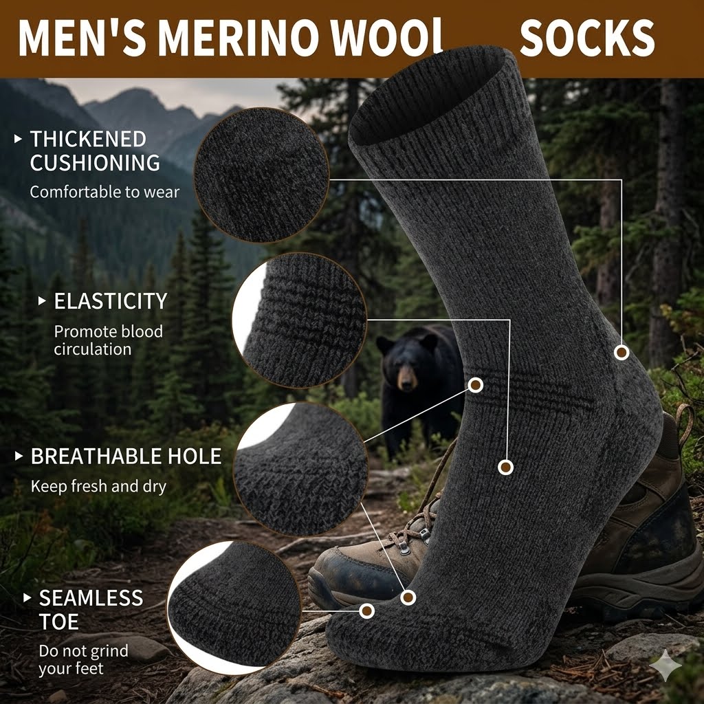 A dark gray merino wool hiking sock shown on a foot outdoors, with feature callouts and circular close-up texture insets. Text highlights thickened cushioning, elasticity, breathable holes, and a seamless toe.