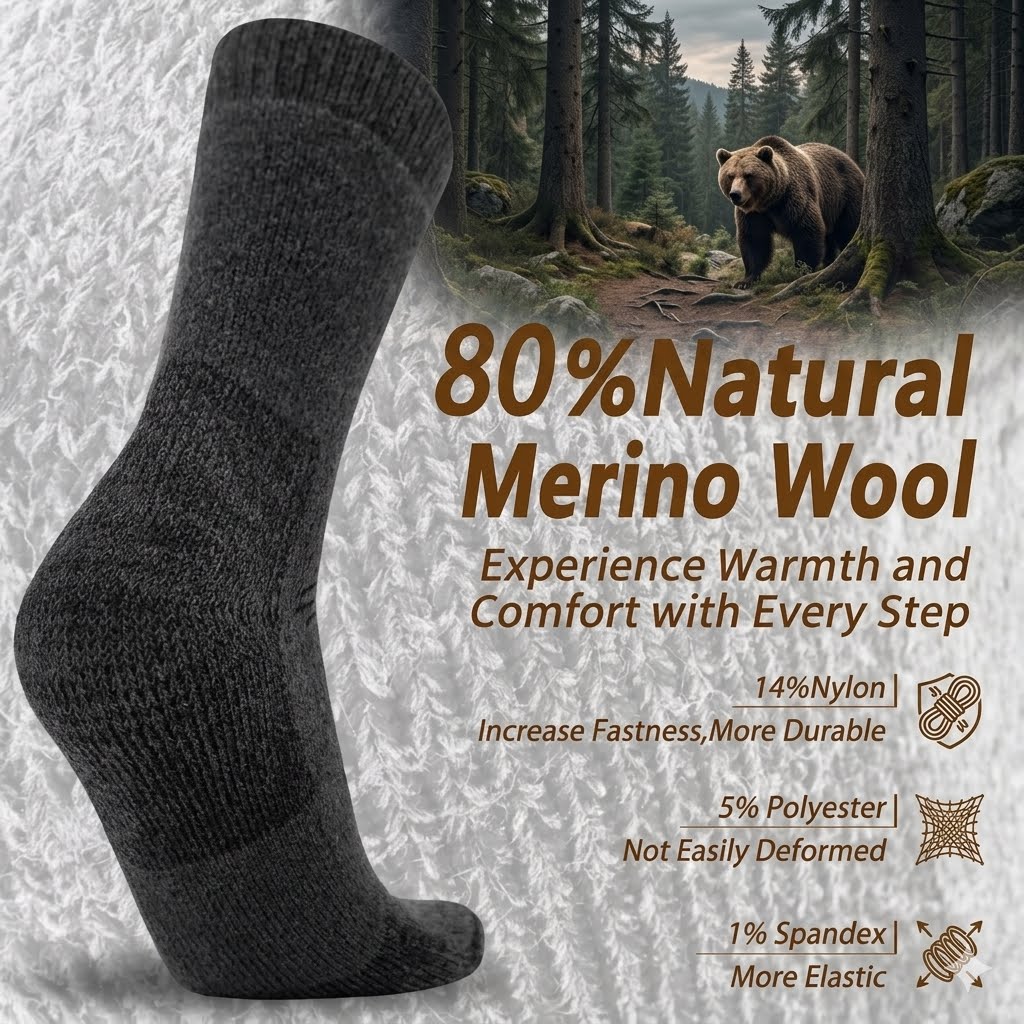 A dark gray merino wool sock shown on a foot against a snowy background, with a forest scene and bear in the upper right, plus text reading '80% Natural Merino Wool' and product feature callouts.