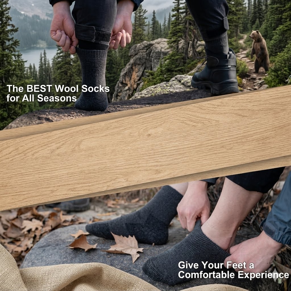 A promotional collage for wool socks showing a person outdoors on a rocky mountain path, wearing dark gray wool socks and black boots. A large diagonal wood-texture banner overlays the center, and text reads 'The BEST Wool Socks for All Seasons' and 'Give Your Feet a Comfortable Experience.