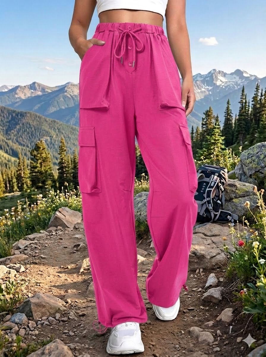 A person outdoors on a mountain trail wearing bright pink cargo-style drawstring pants, a white crop top, and white sneakers, with mountains, trees, and rocks in the background.