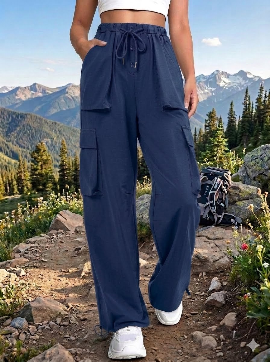 A person standing on a mountain trail wearing loose navy cargo pants with a drawstring waist, white sneakers, and a white cropped top. Mountains, trees, rocks, and a backpack are visible in the outdoor setting.